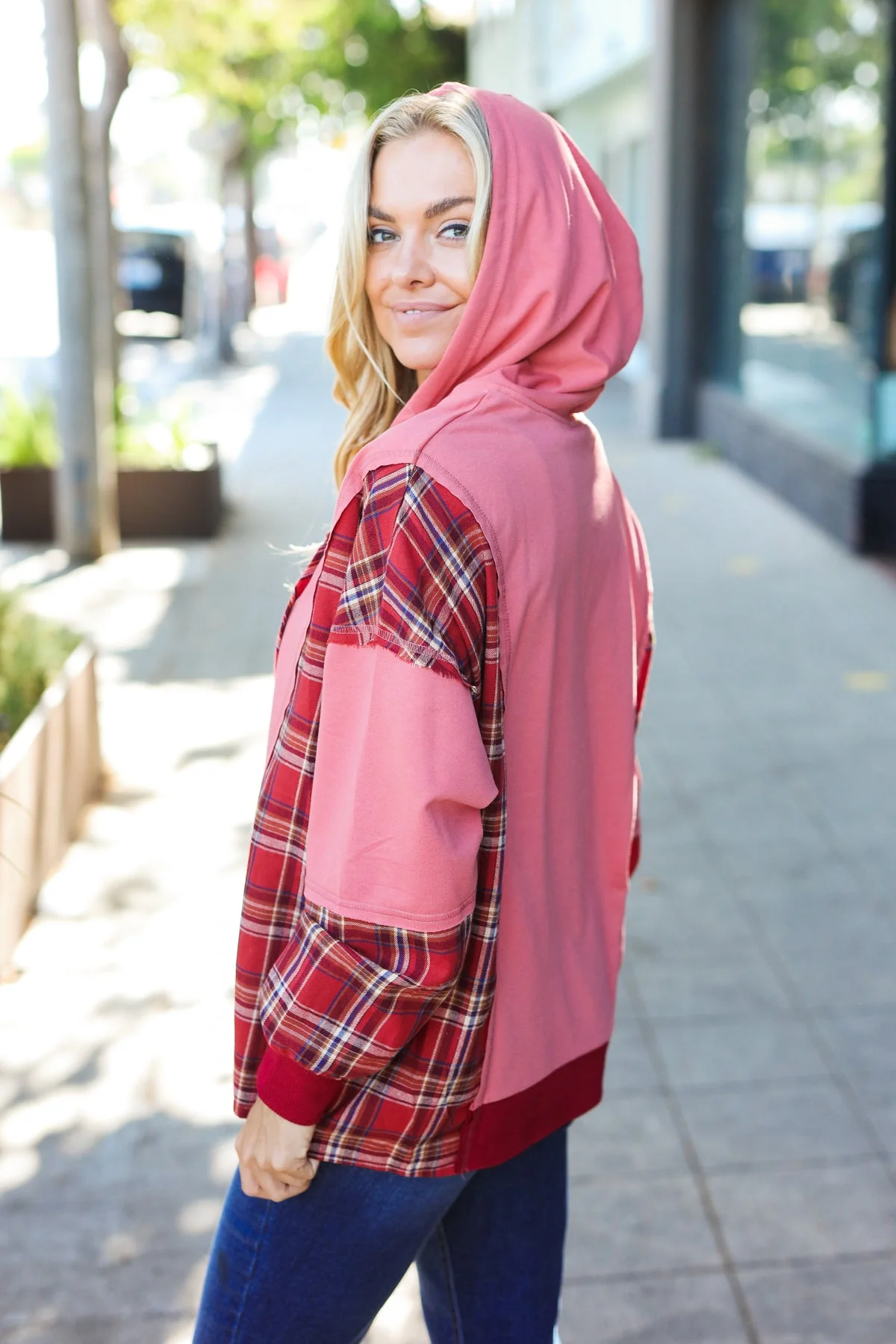 Plus Adorable in Marsala Plaid Color Block Zipper French Terry Hoodie - Image 5