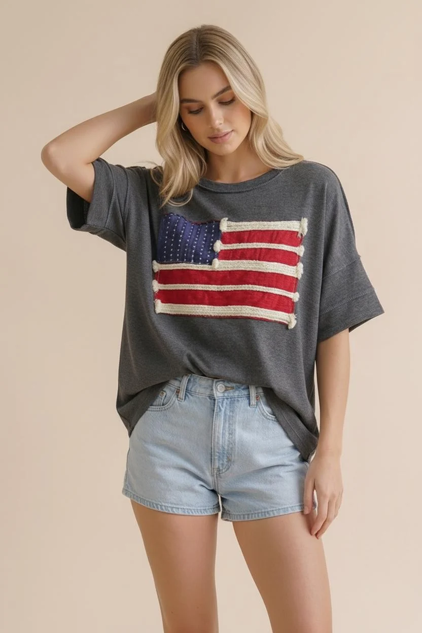 Plus American Flag Patch Oversized Graphic Tee in Charcoal