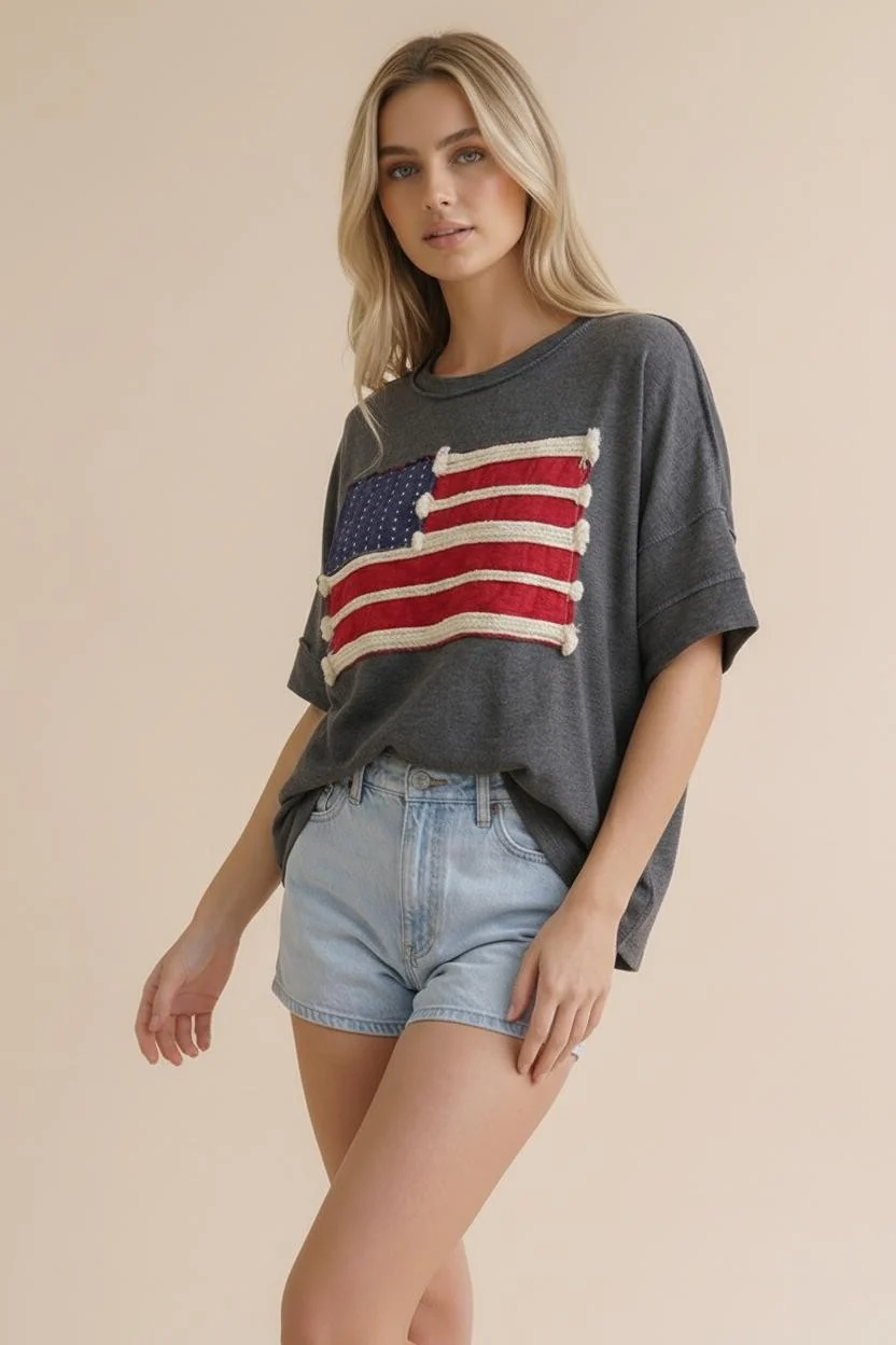 Plus American Flag Patch Oversized Graphic Tee in Charcoal - Image 3
