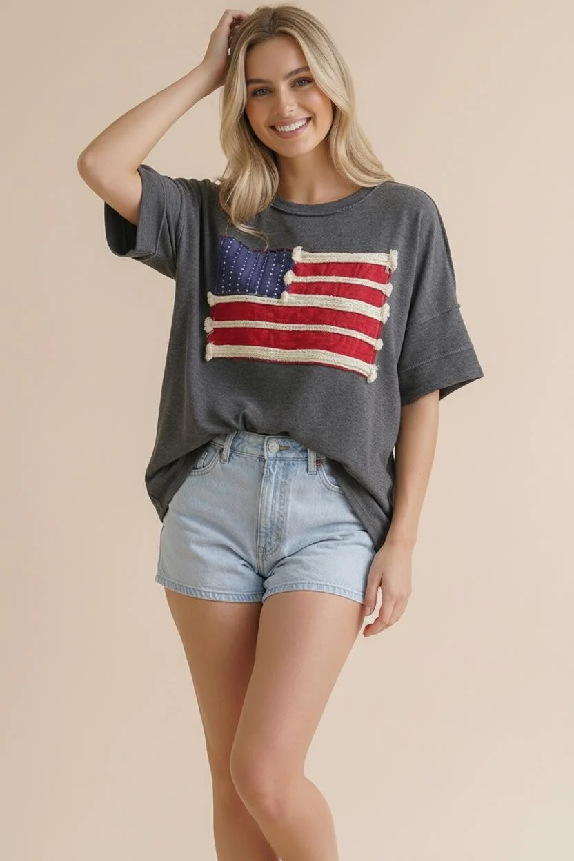 Plus American Flag Patch Oversized Graphic Tee in Charcoal - Image 6