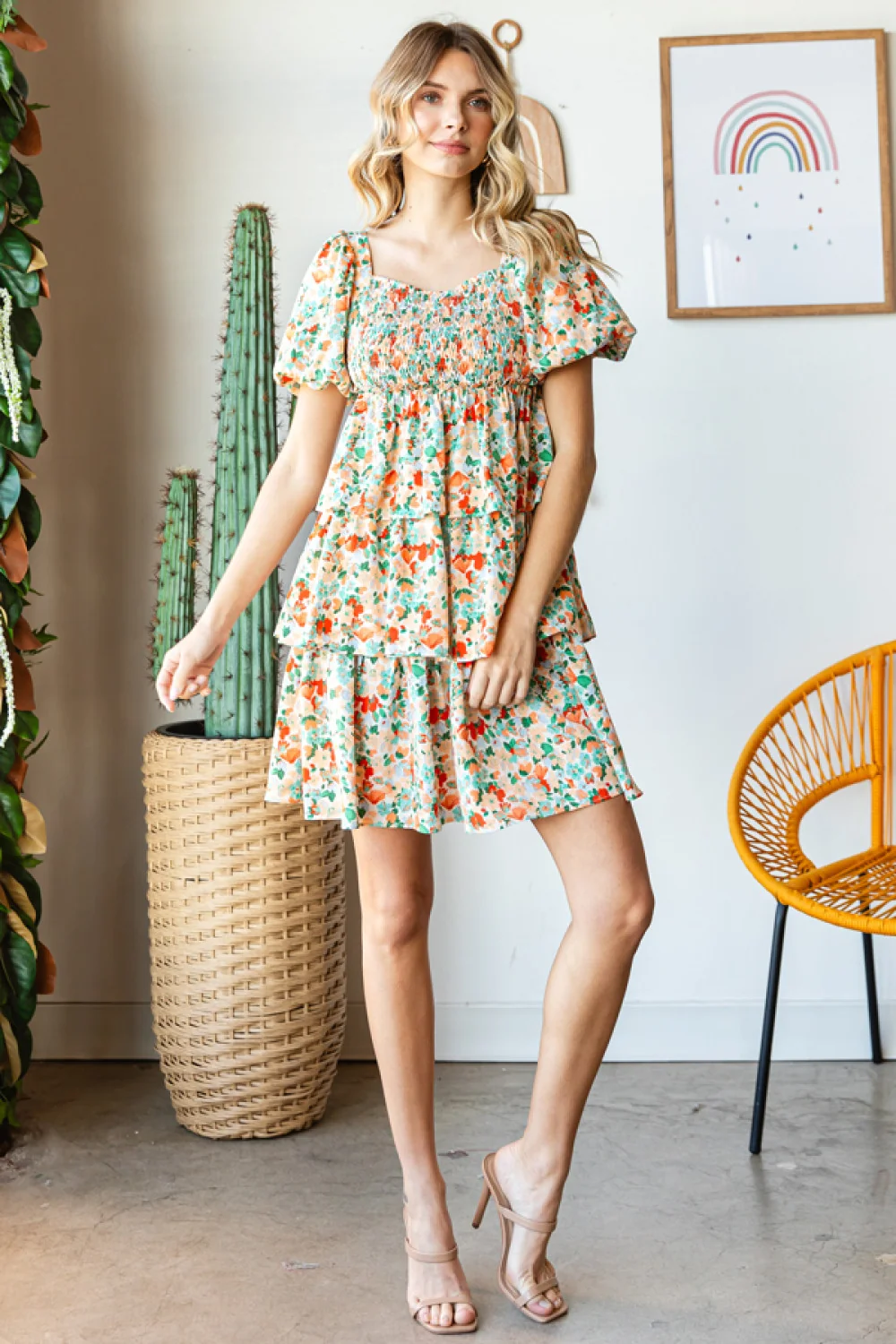 PLUS APRICOT FLORAL PRINT TIERED DRESS FEATURING SMOCKED CHEST - Image 3