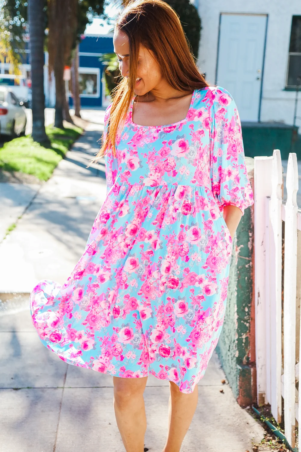 Plus Aqua & Hot Pink Floral Dress