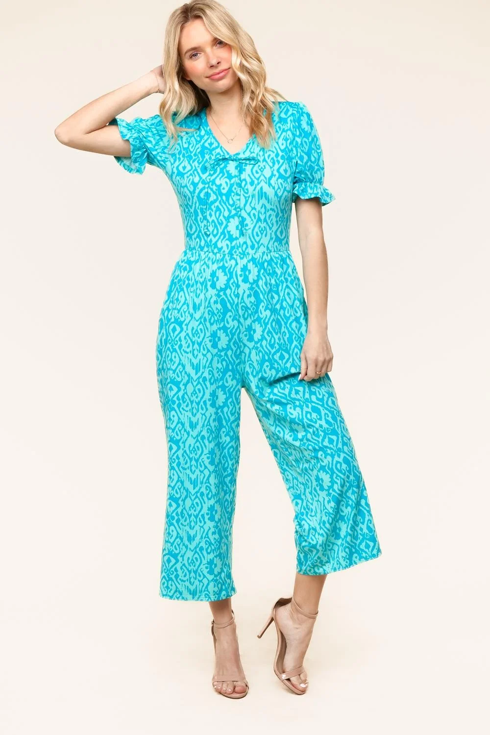 Plus Aqua Ikat Print Knit Jumpsuit W/Side Pockets