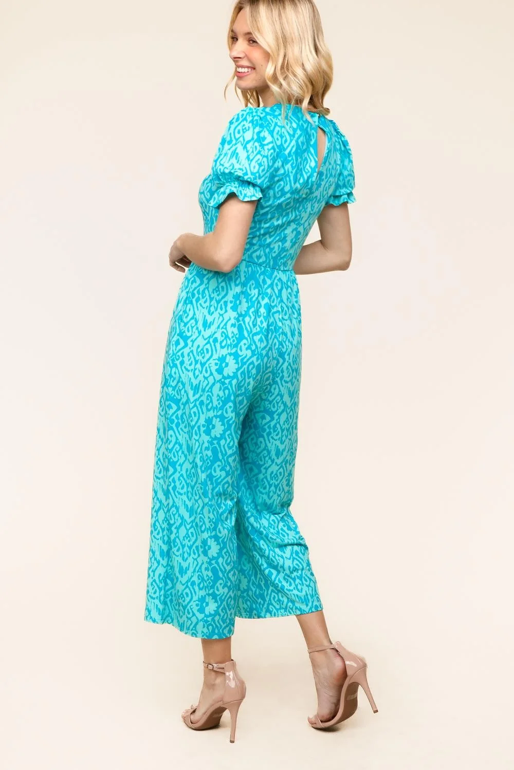 Plus Aqua Ikat Print Knit Jumpsuit W/Side Pockets - Image 4