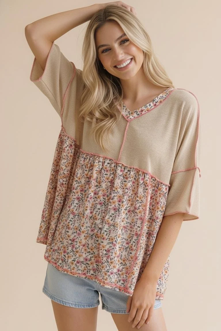 PLUS BABYDOLL THERMAL FLORAL COLOR BLOCK KNIT TOP - Image 2
