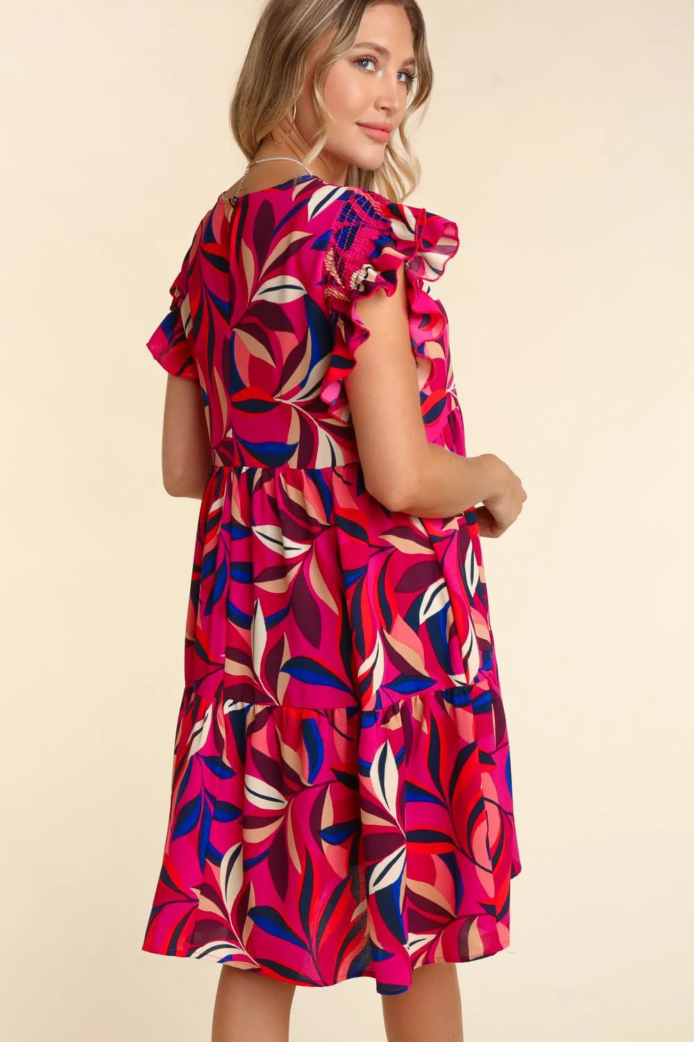 Plus Berry Royal Geometric Tiered Floral Side Pockets Dress - Image 10