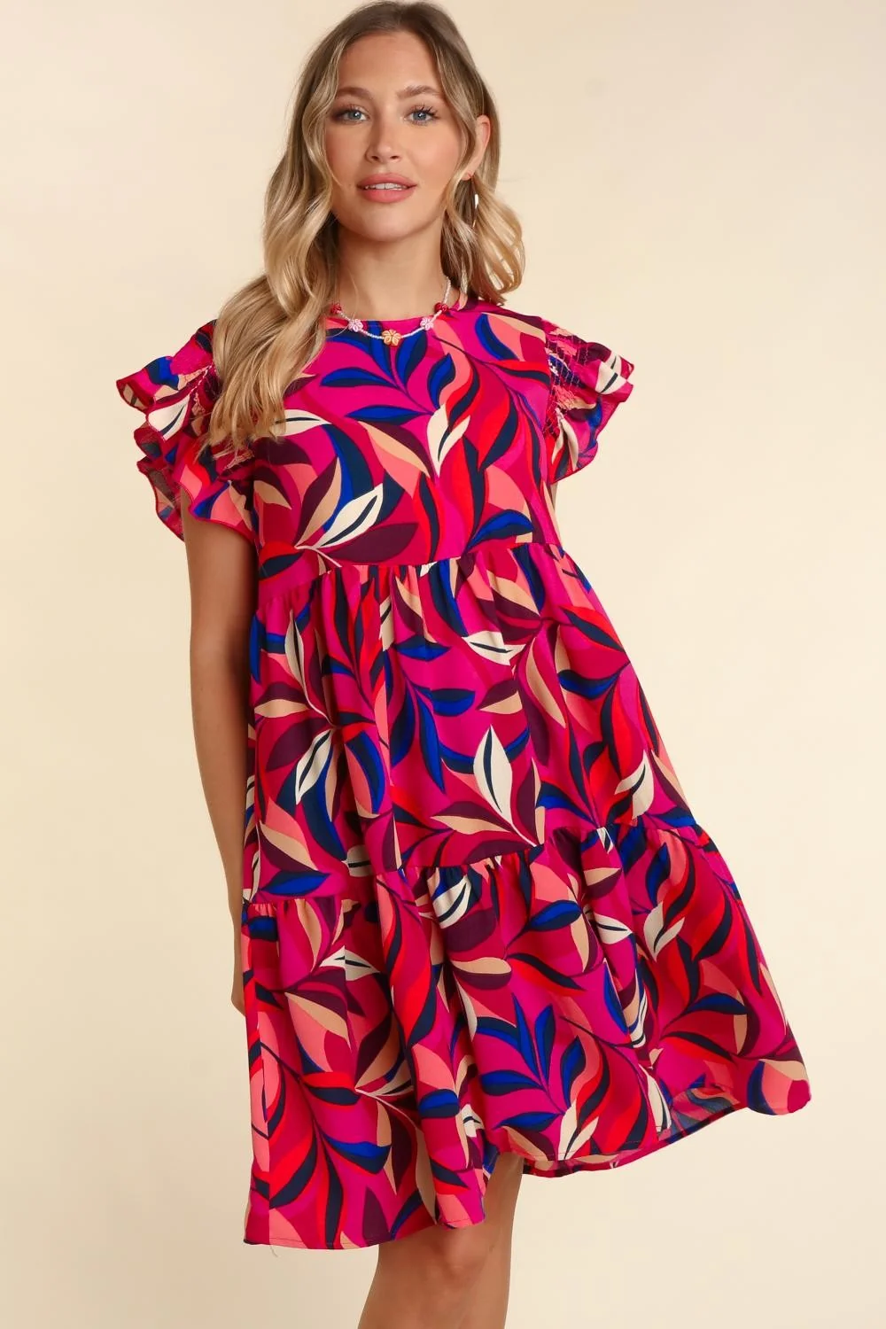 Plus Berry Royal Geometric Tiered Floral Side Pockets Dress - Image 5
