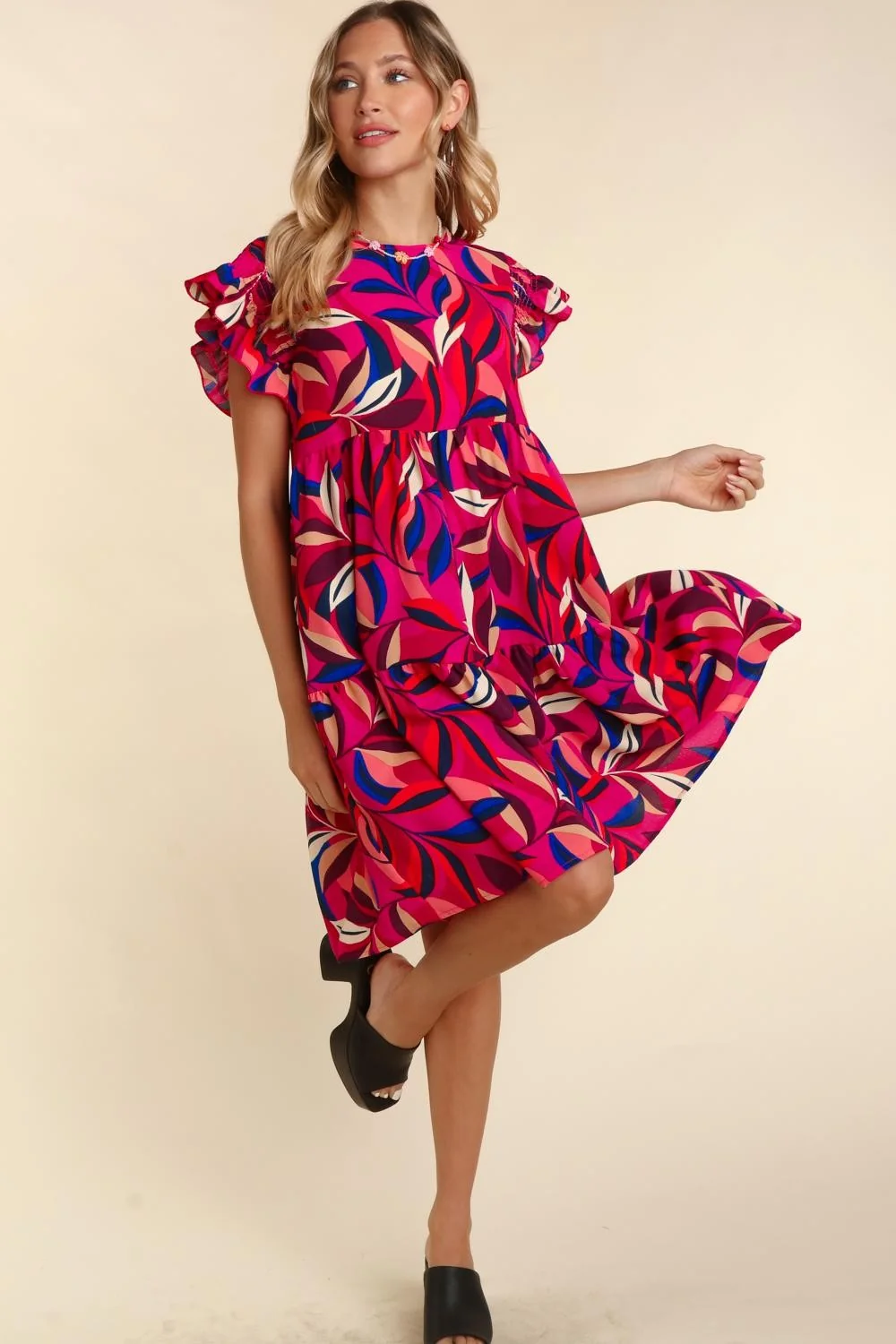 Plus Berry Royal Geometric Tiered Floral Side Pockets Dress - Image 6