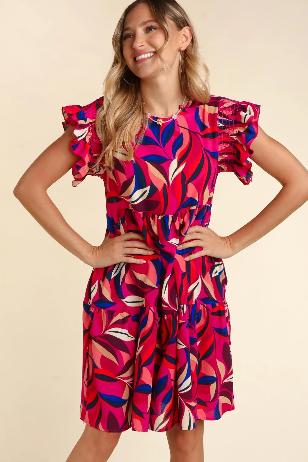 Plus Berry Royal Geometric Tiered Floral Side Pockets Dress - Image 8