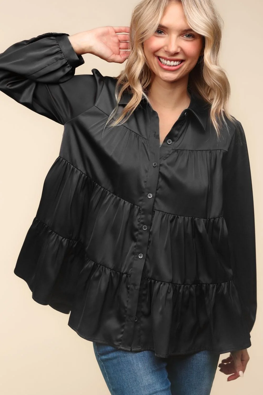 BLACK BUTTON DOWN LONG SLEEVE BABYDOLL SATIN HOLIDAY TOP - Image 2