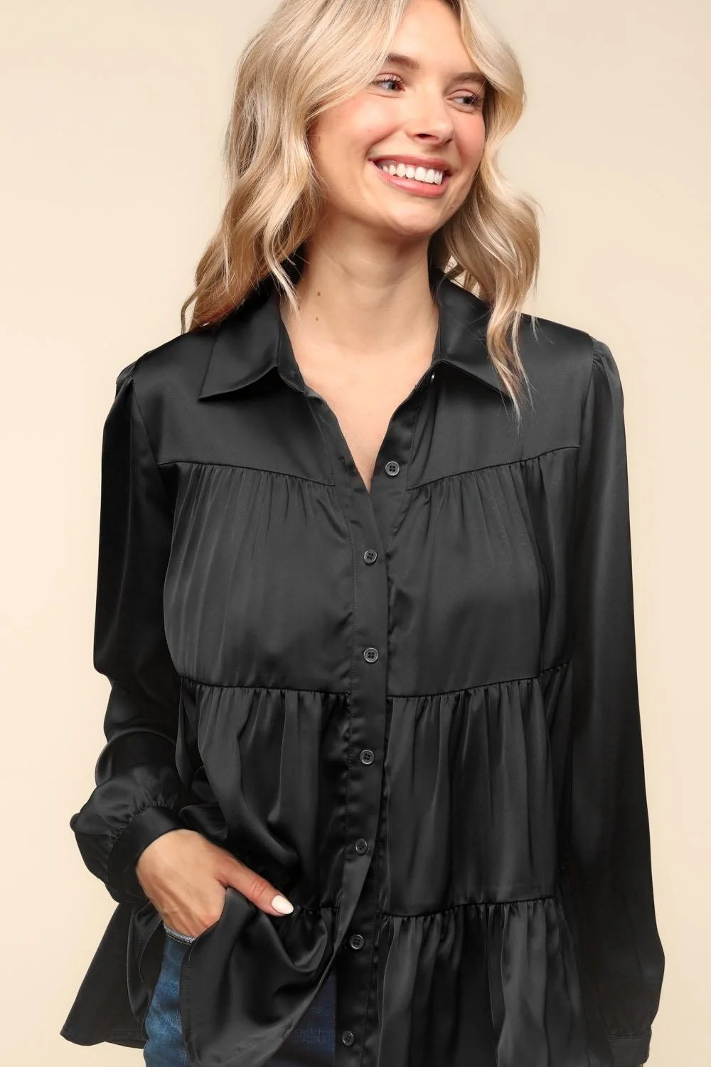 BLACK BUTTON DOWN LONG SLEEVE BABYDOLL SATIN HOLIDAY TOP