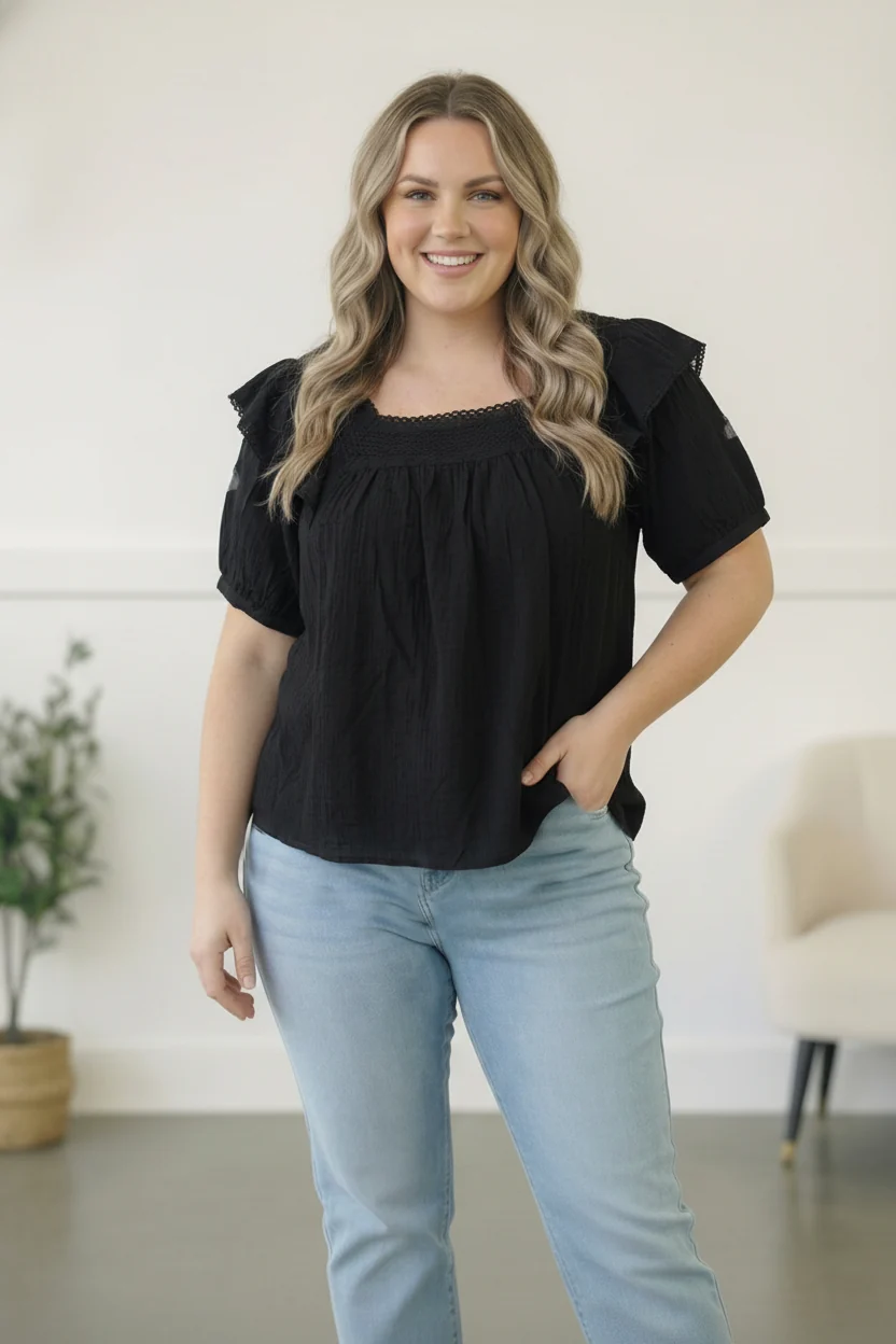 Plus Black Crochet Embellished Cotton Top - Image 4