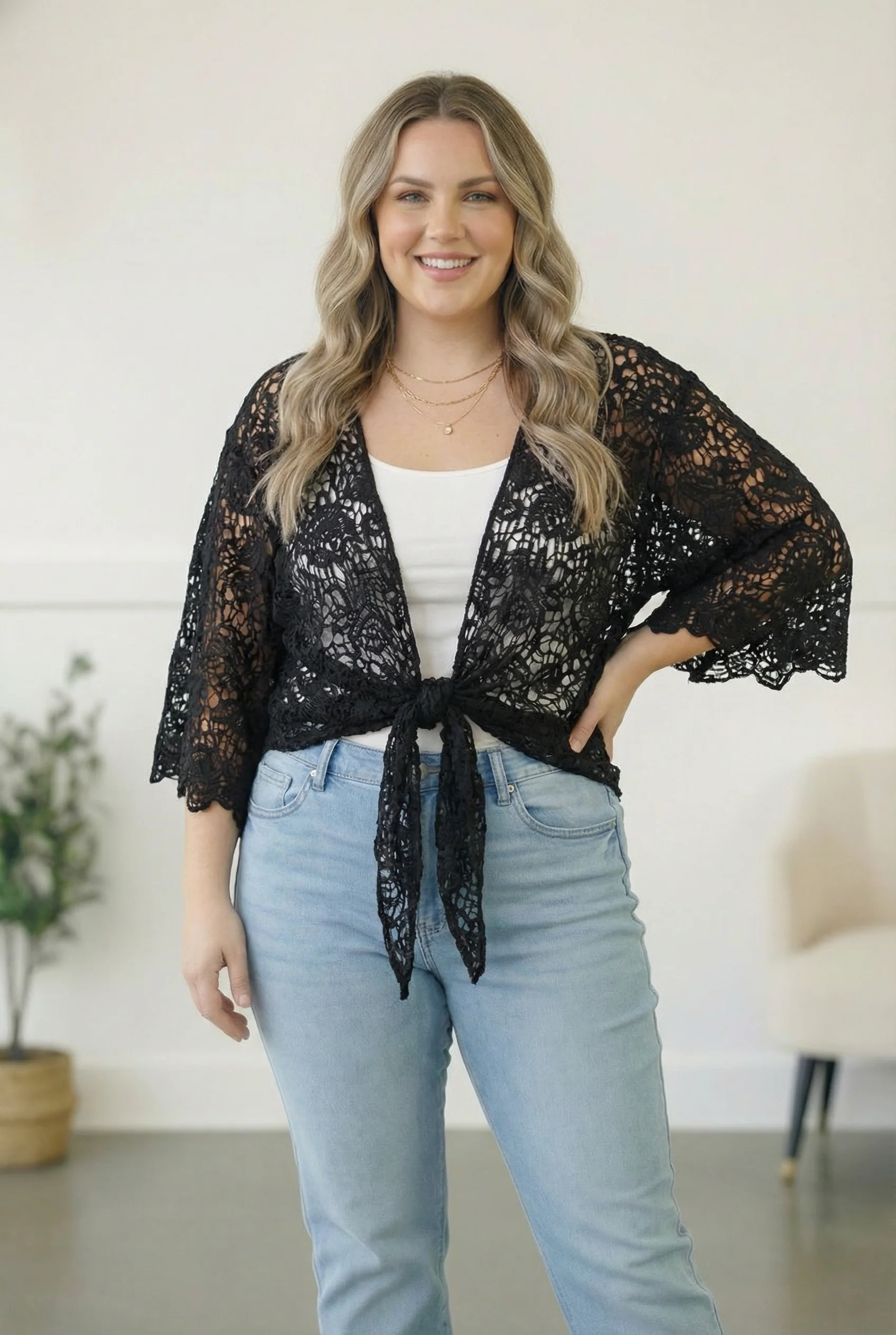 PLUS BLACK CROCHET TIE HEM CARDIGAN - Image 2