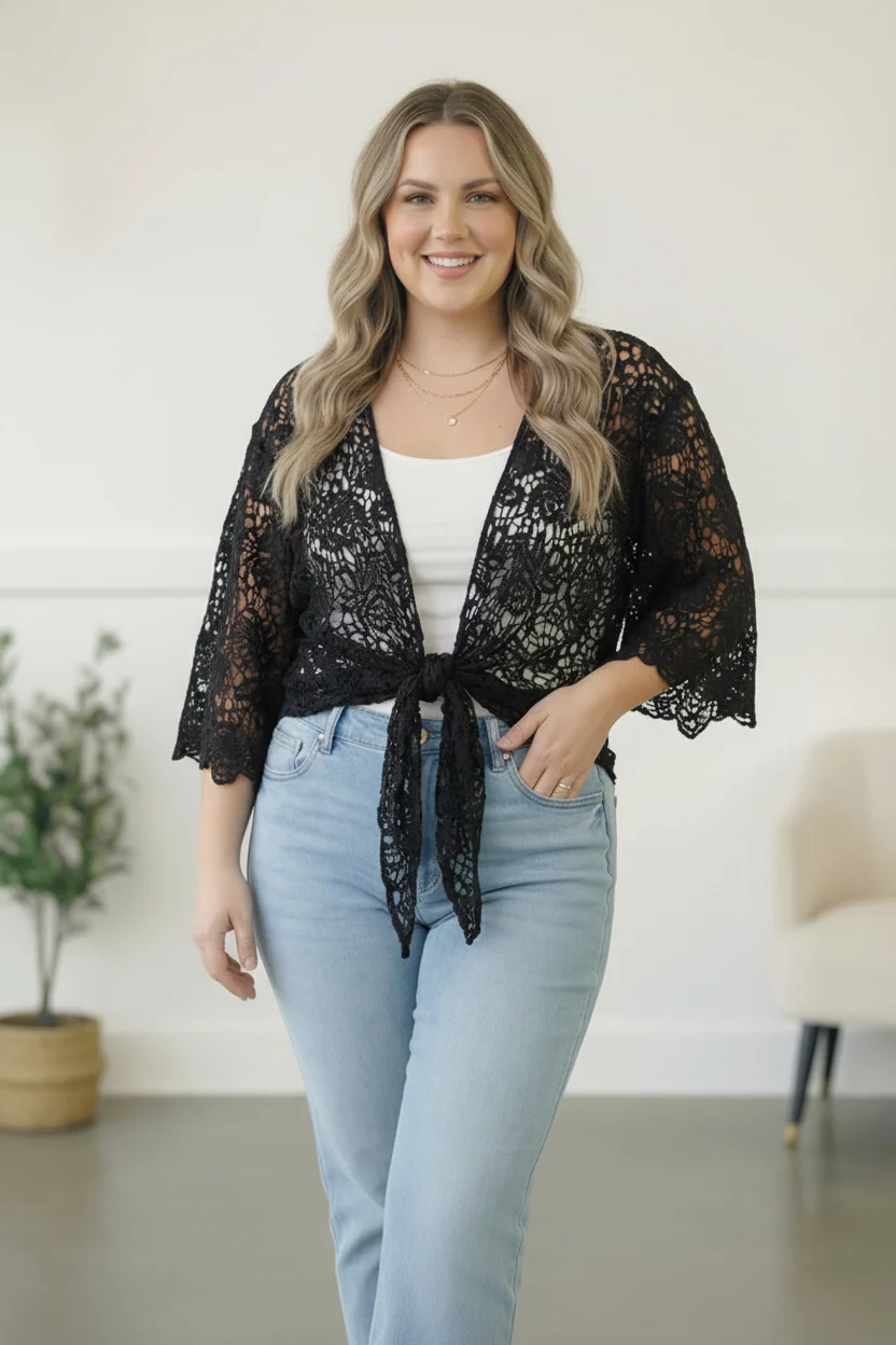 PLUS BLACK CROCHET TIE HEM CARDIGAN - Image 3