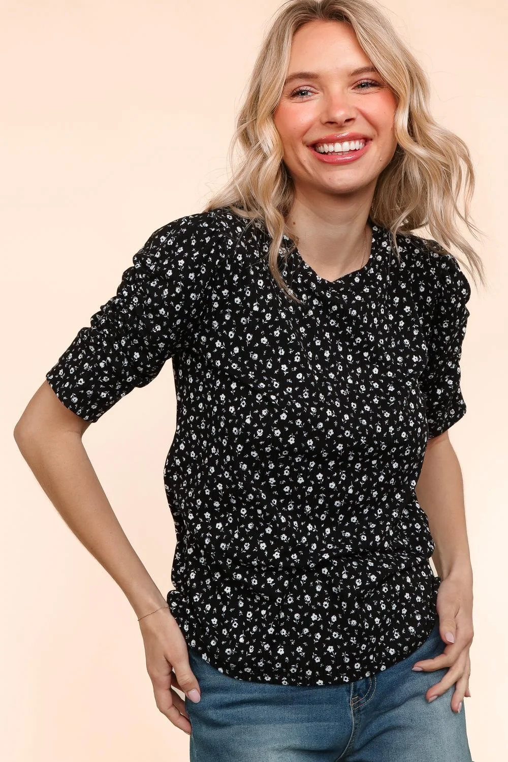 Plus Black Floral Top W/Shirring Detail Bubble Sleeve - Image 2