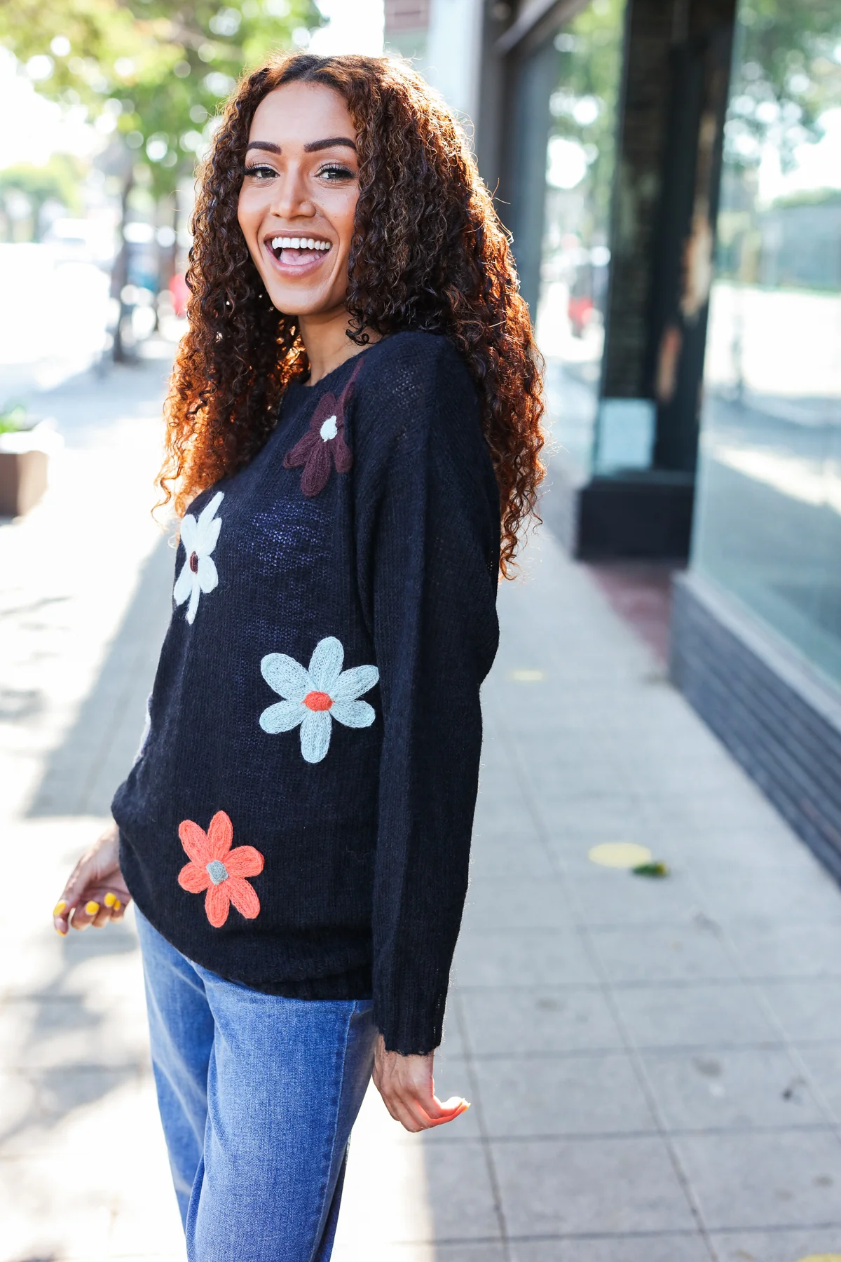 PLUS BLACK LONG SLEEVE FLOWER PATCHES  SWEATER KNIT TOP - Image 11