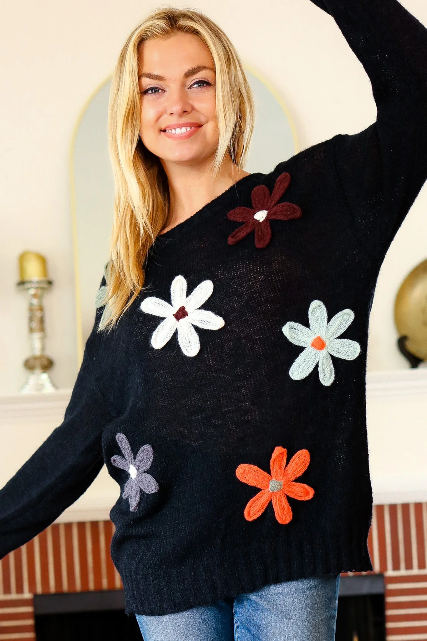 PLUS BLACK LONG SLEEVE FLOWER PATCHES  SWEATER KNIT TOP - Image 5
