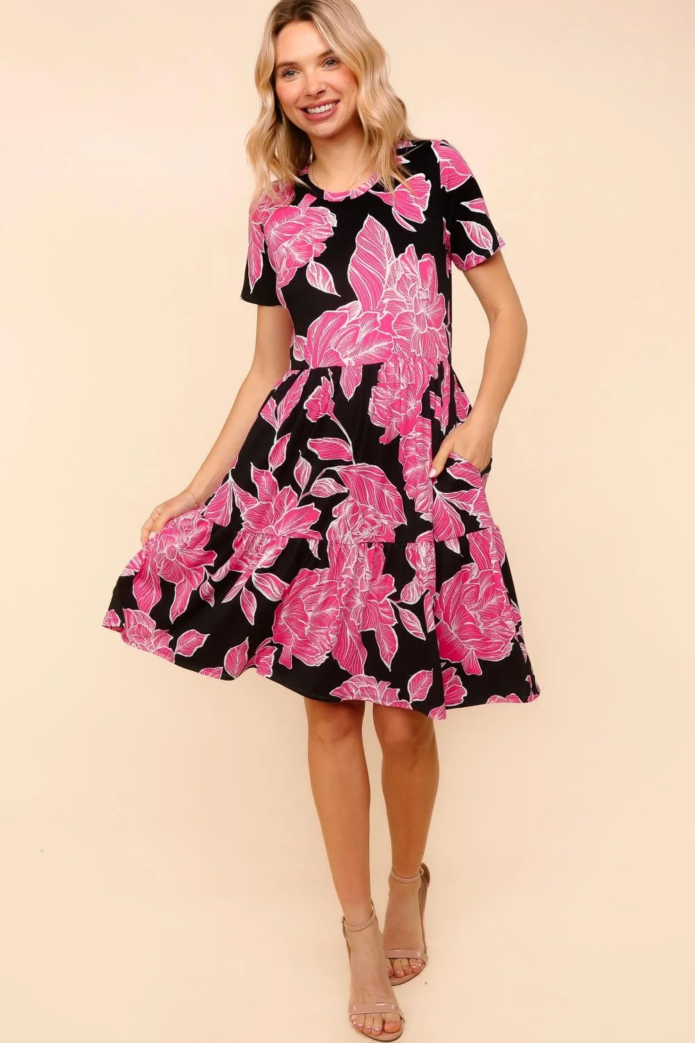 Black/Magenta Fit and Flare Floral Dress W/Side Pockets - Image 5
