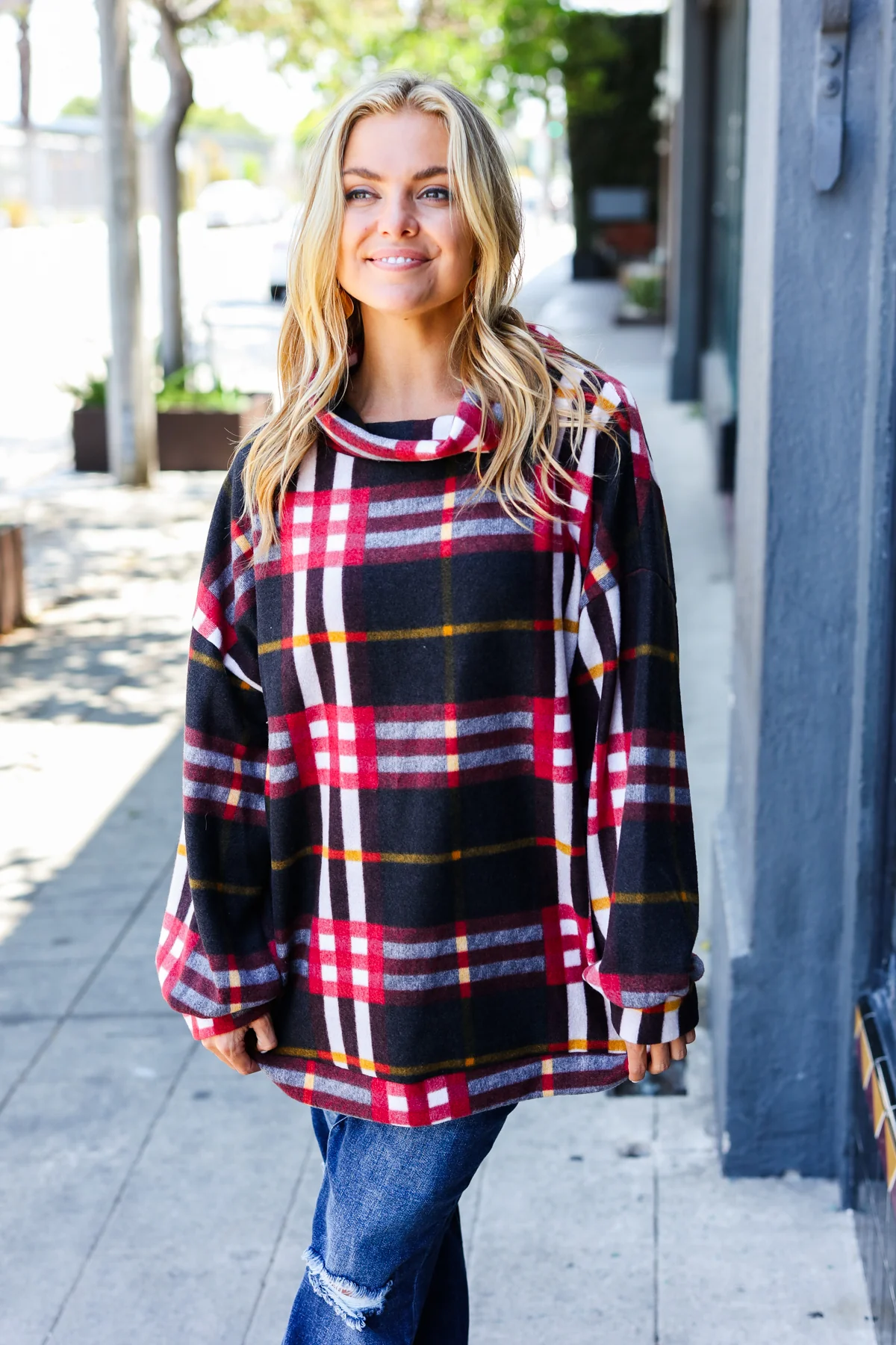 Plus Black Plaid Cowl Neck Sweater - Image 5