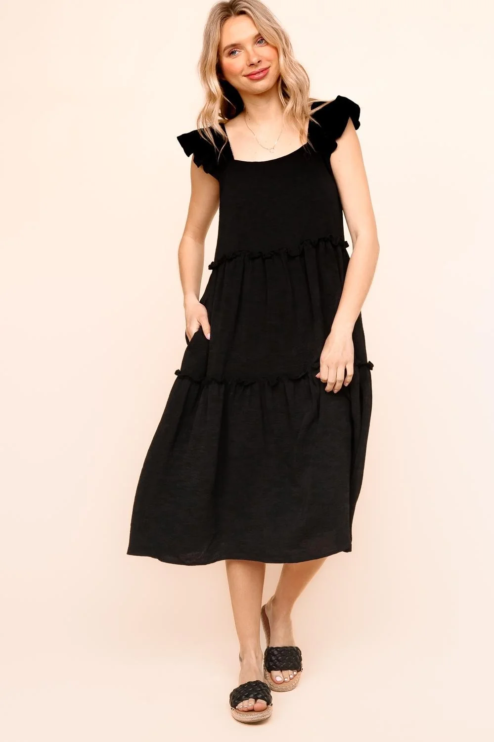 Black Solid Woven Midi Length Dress W/Side Pocket - Image 4