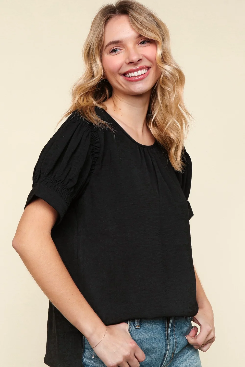 PLUS BLACK SOLID WOVEN TOP WITH BACK BUTTON AND KEYHOLE - Image 3