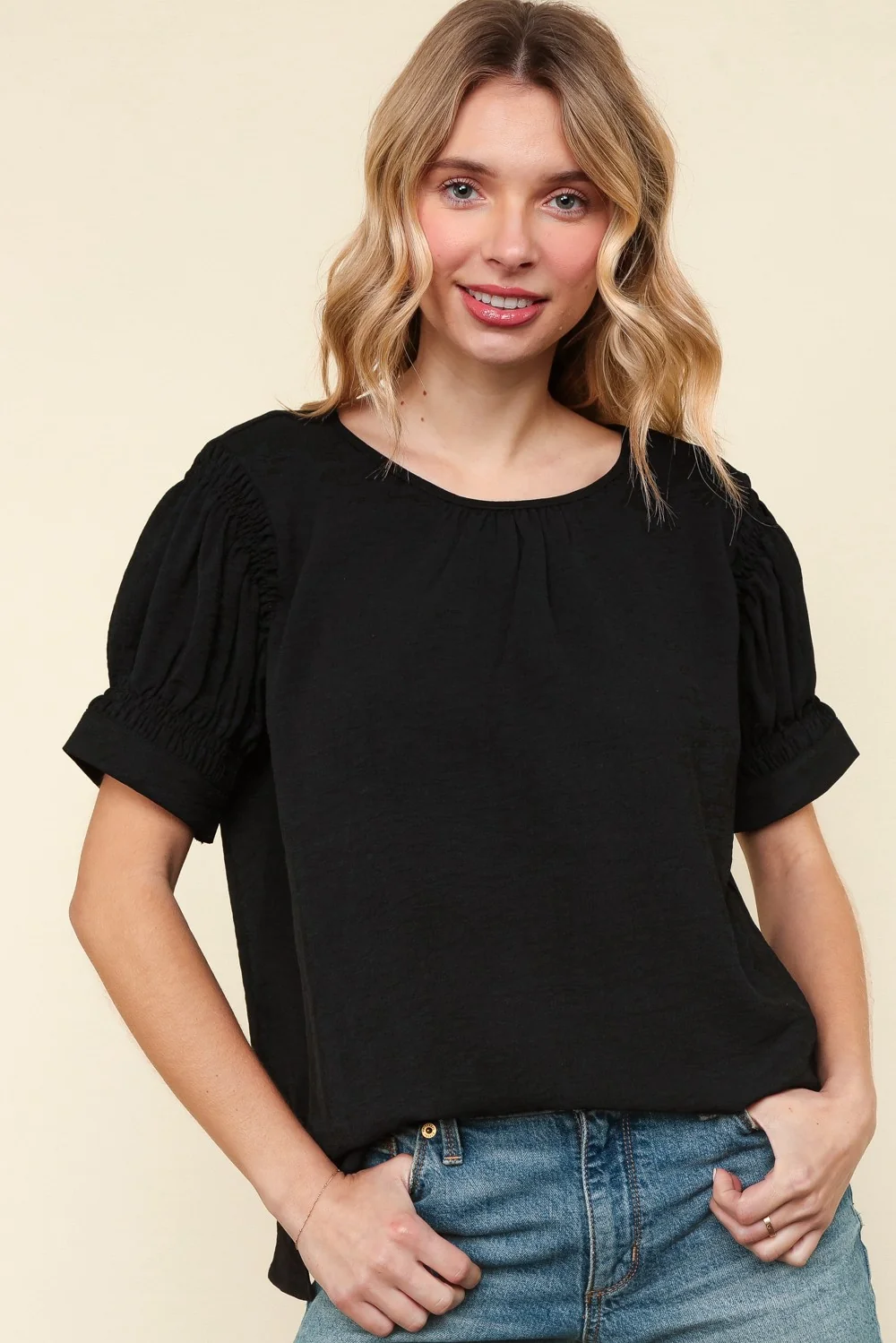 PLUS BLACK SOLID WOVEN TOP WITH BACK BUTTON AND KEYHOLE - Image 4