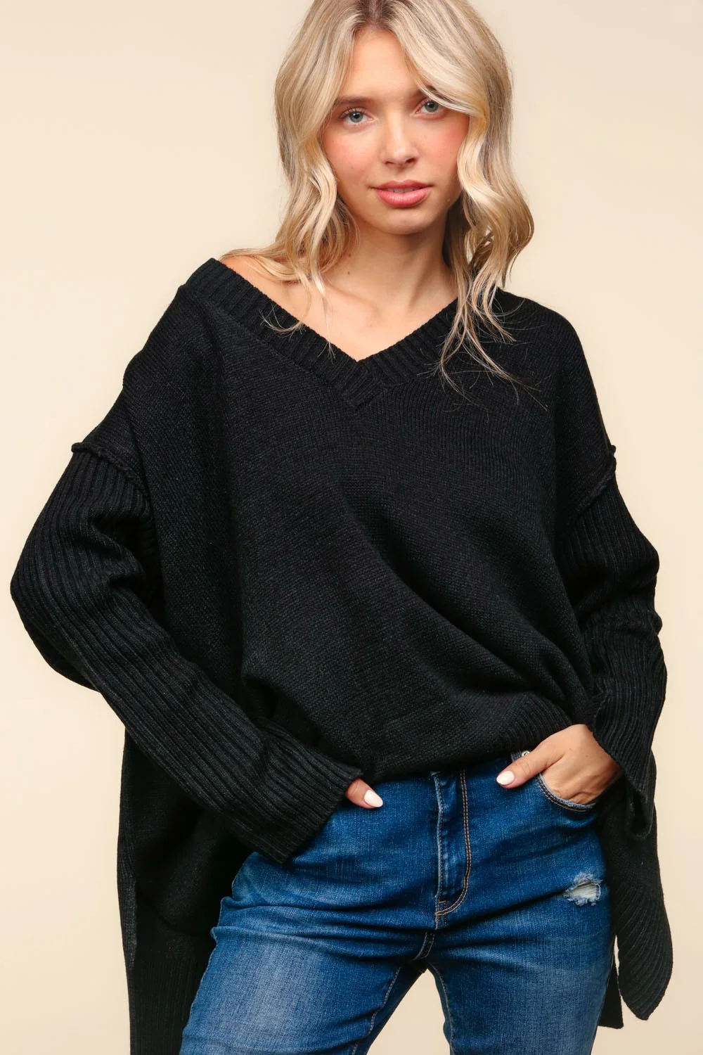 Plus Black V Neck Long Sleeve Solid Rib Loose Fit Sweater - Image 4