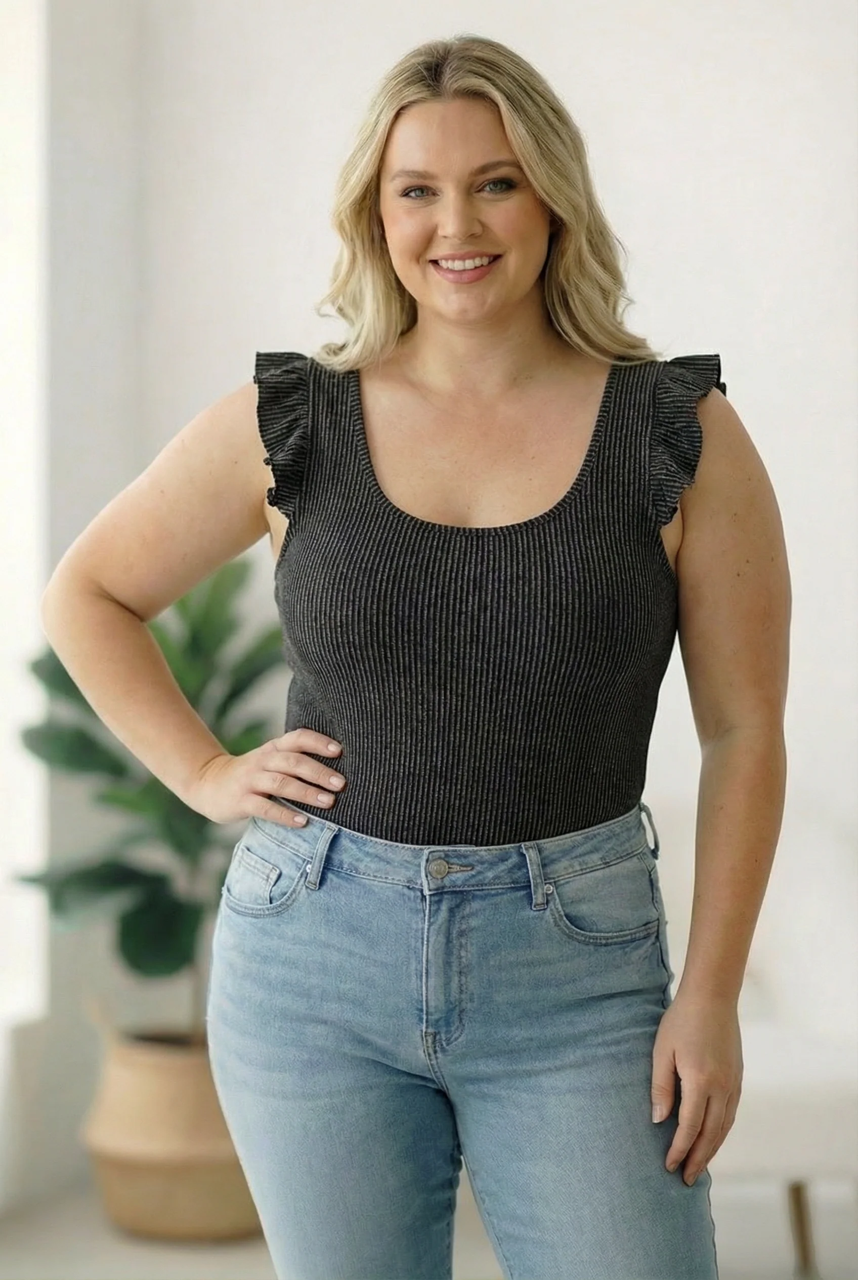 Plus Black Wavy Rib Bodysuit Top