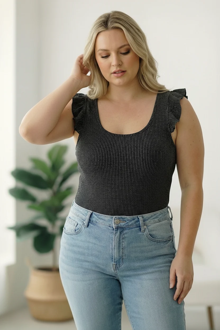Plus Black Wavy Rib Bodysuit Top - Image 4