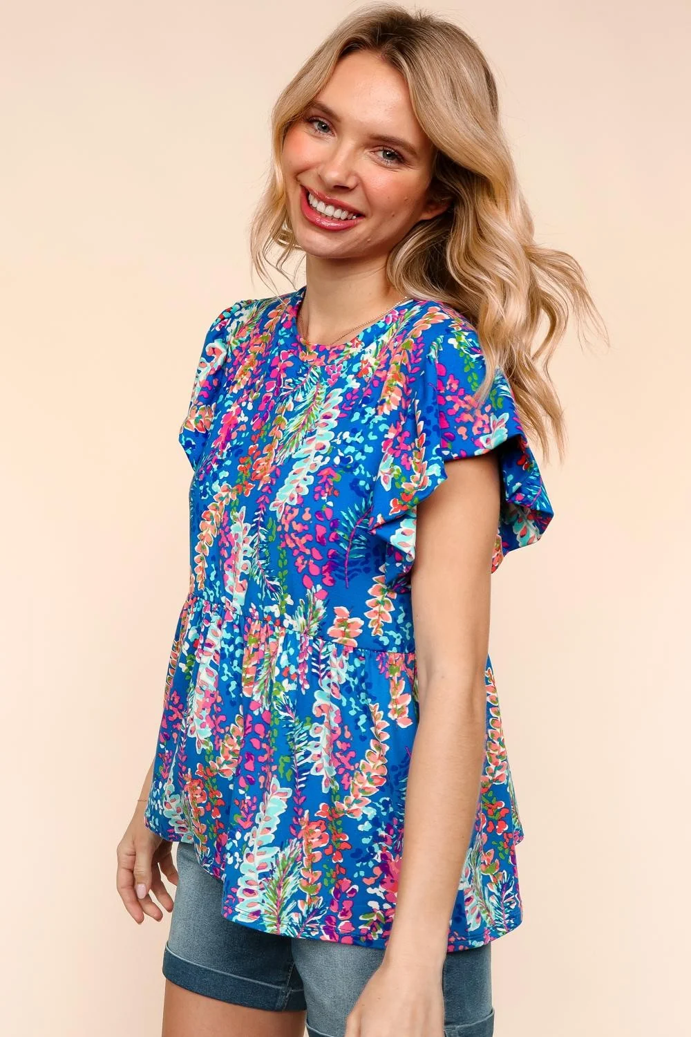 Plus Blue Babydoll Floral Print Buttery Smooth Knit Top - Image 3