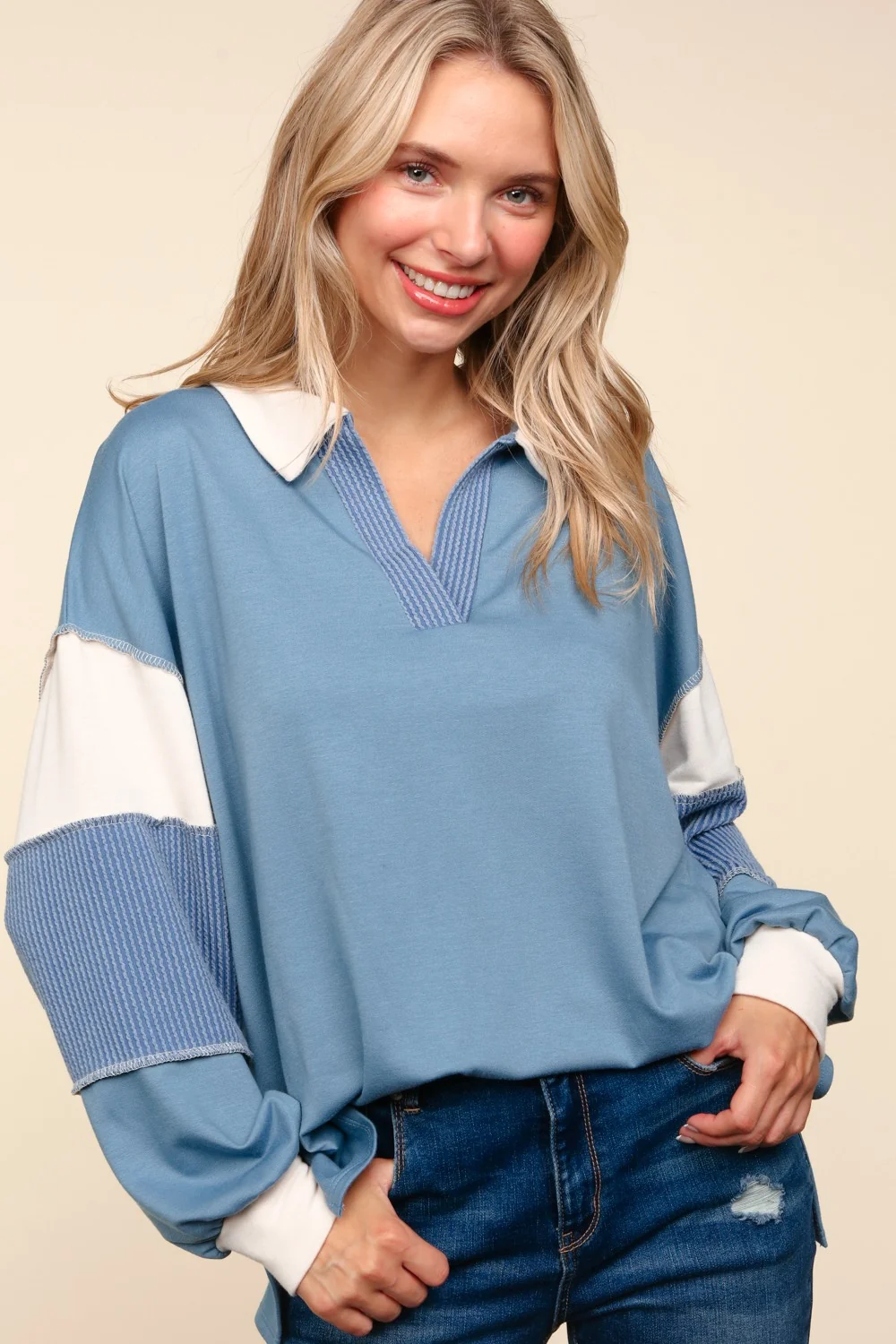 PLUS BLUE COLOR BLOCK BUBBLE LONG SLEEVE PULLOVER TOP