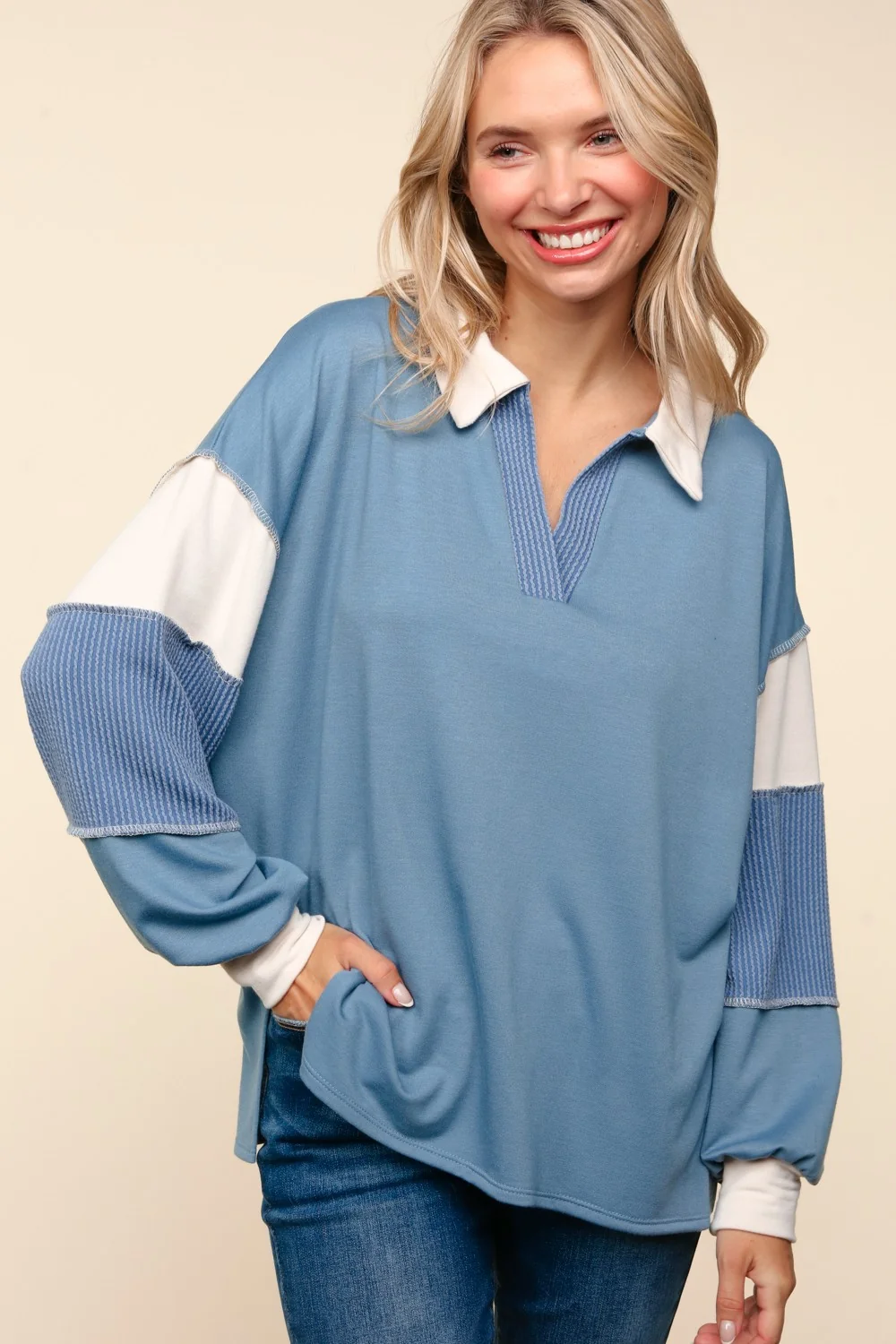 PLUS BLUE COLOR BLOCK BUBBLE LONG SLEEVE PULLOVER TOP - Image 2