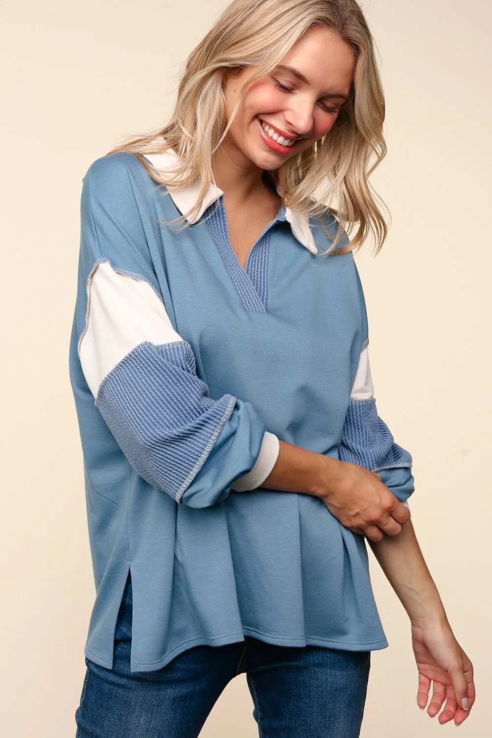 PLUS BLUE COLOR BLOCK BUBBLE LONG SLEEVE PULLOVER TOP - Image 3