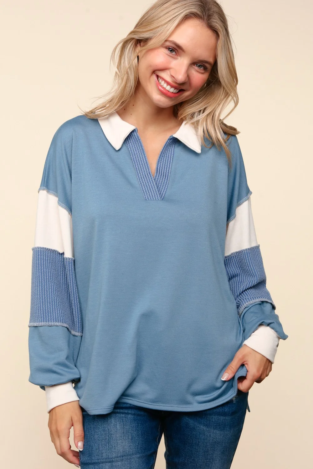 PLUS BLUE COLOR BLOCK BUBBLE LONG SLEEVE PULLOVER TOP - Image 4