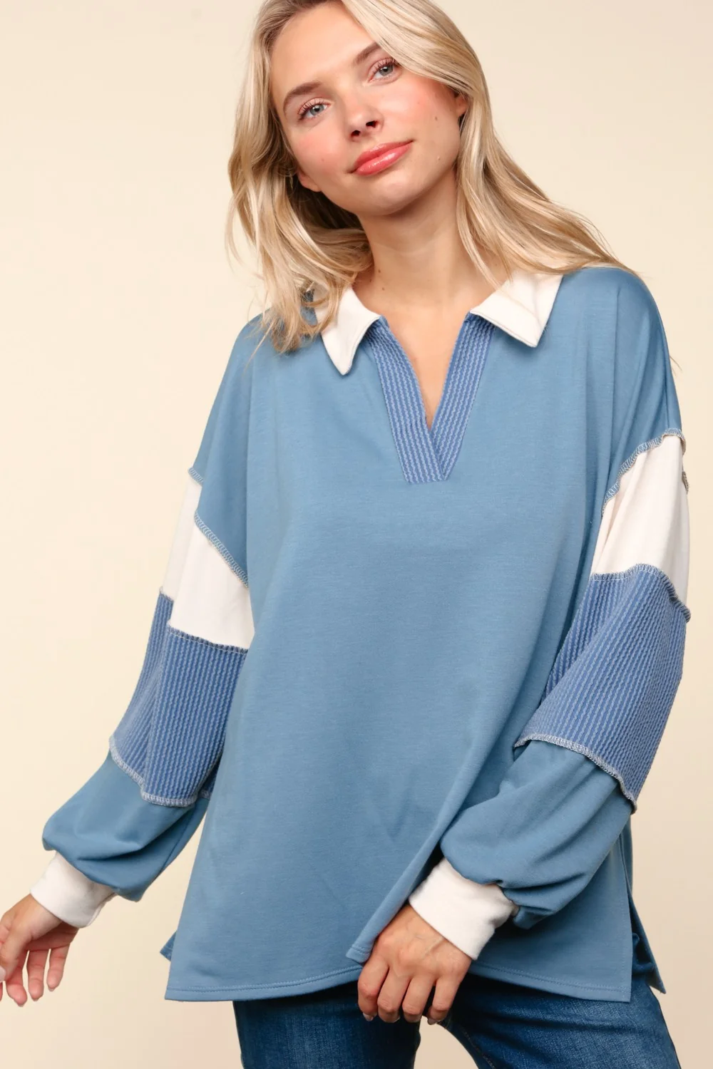 PLUS BLUE COLOR BLOCK BUBBLE LONG SLEEVE PULLOVER TOP - Image 5