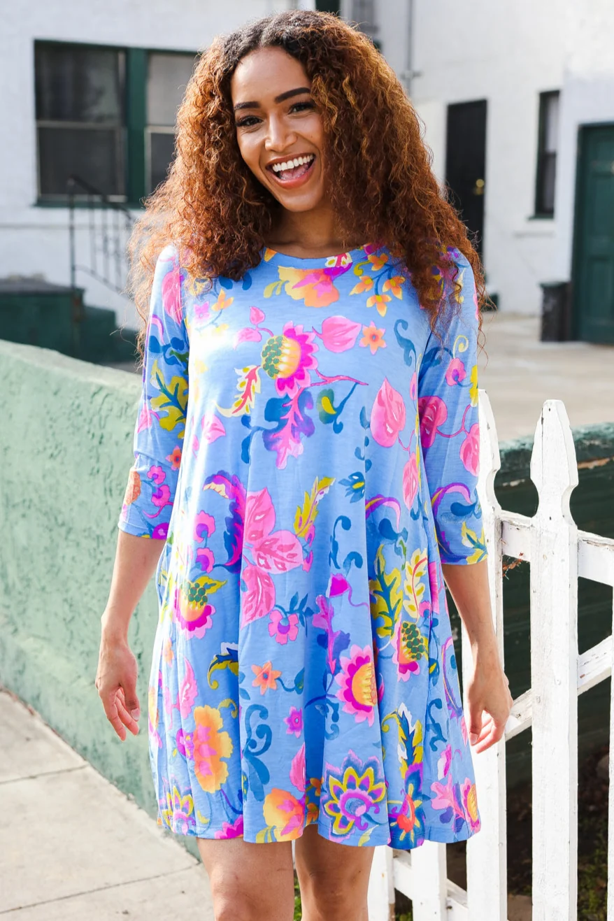 Blue Floral Design Pocketed Dress