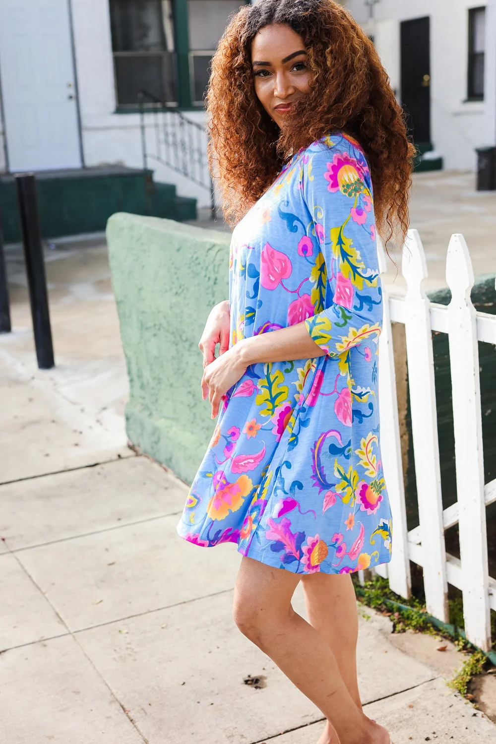 Blue Floral Design Pocketed Dress - Image 7