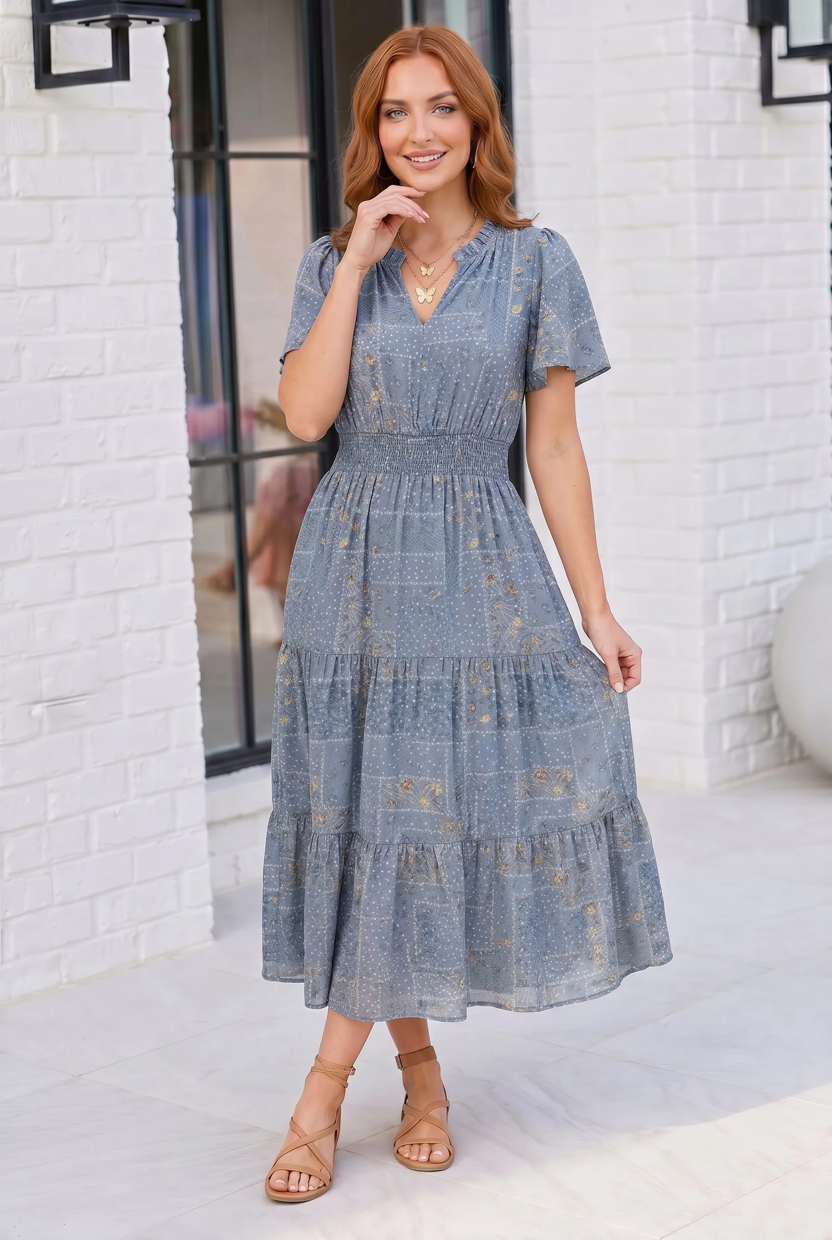 Plus Blue Floral Print Tiered Midi Dress