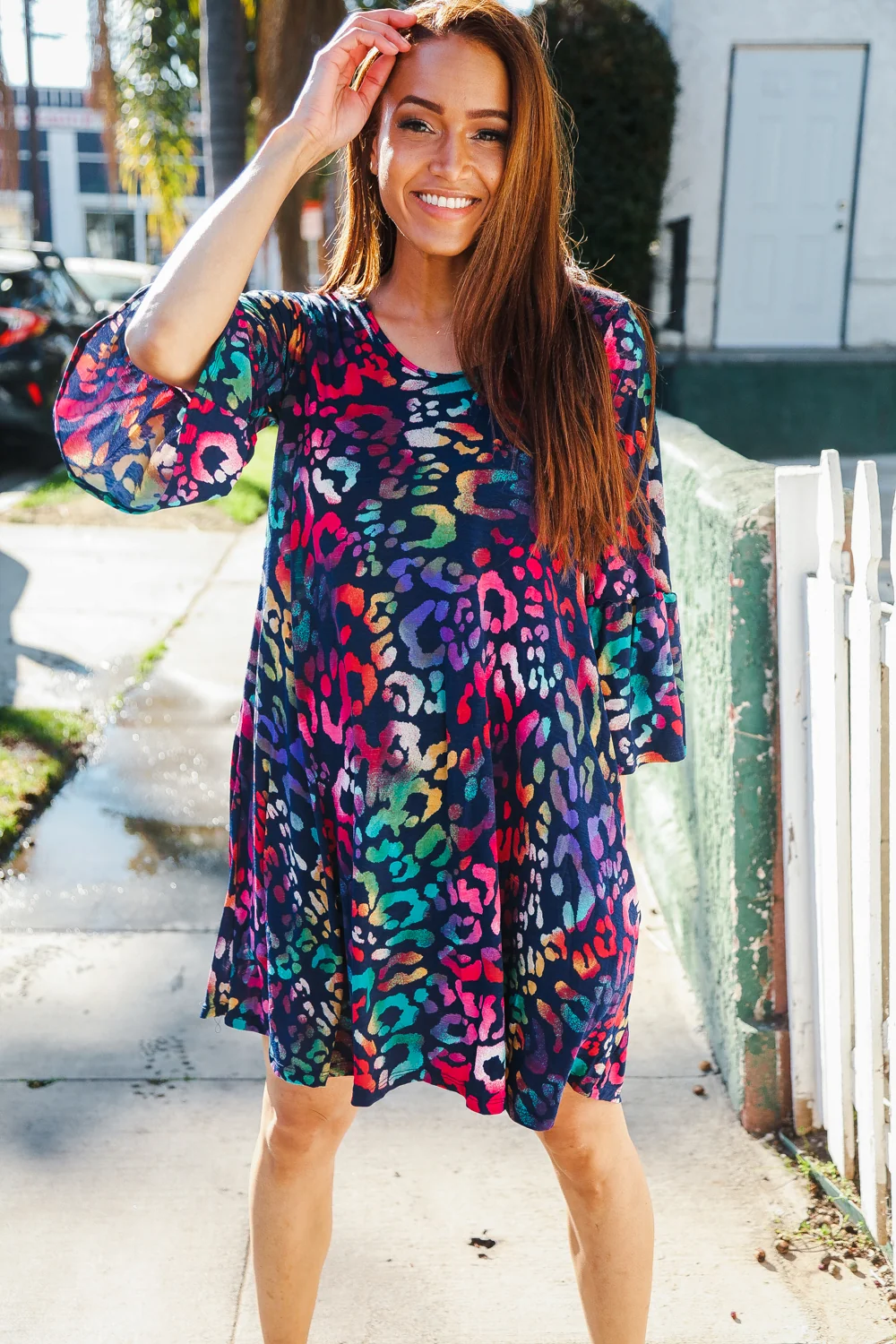 Blue & Multi Animal Bell Sleeve Dress - Image 5