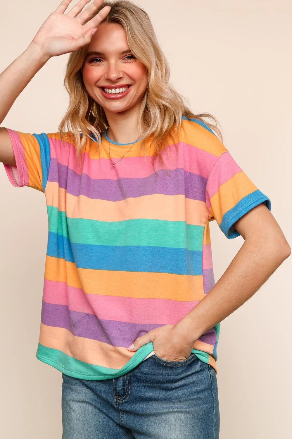 PLUS BLUE MULTICOLOR STRIPE PRINT FRENCH TERRY KNIT TOP - Image 2