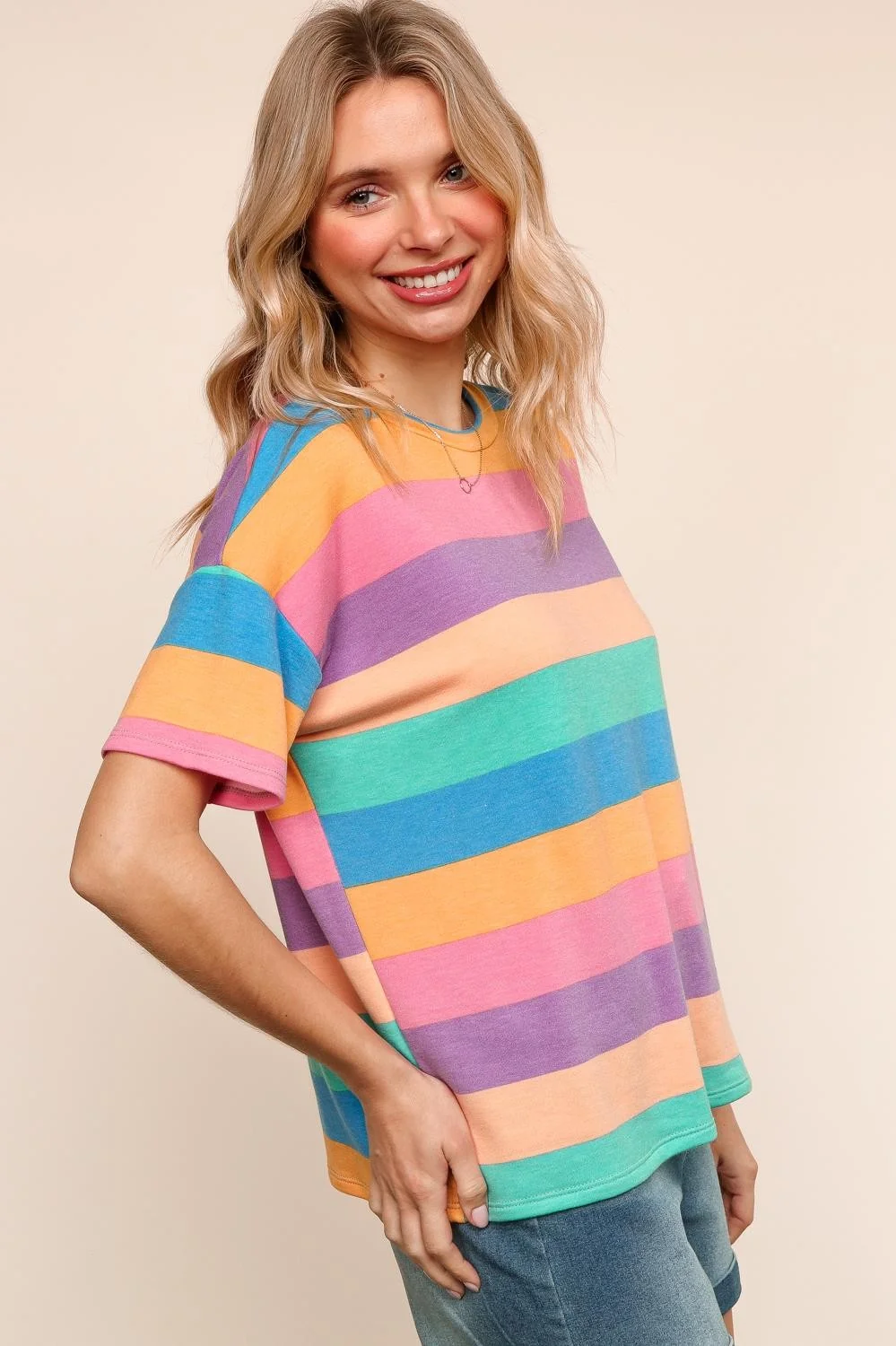 PLUS BLUE MULTICOLOR STRIPE PRINT FRENCH TERRY KNIT TOP - Image 3