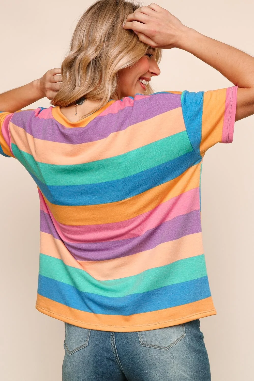 PLUS BLUE MULTICOLOR STRIPE PRINT FRENCH TERRY KNIT TOP - Image 4