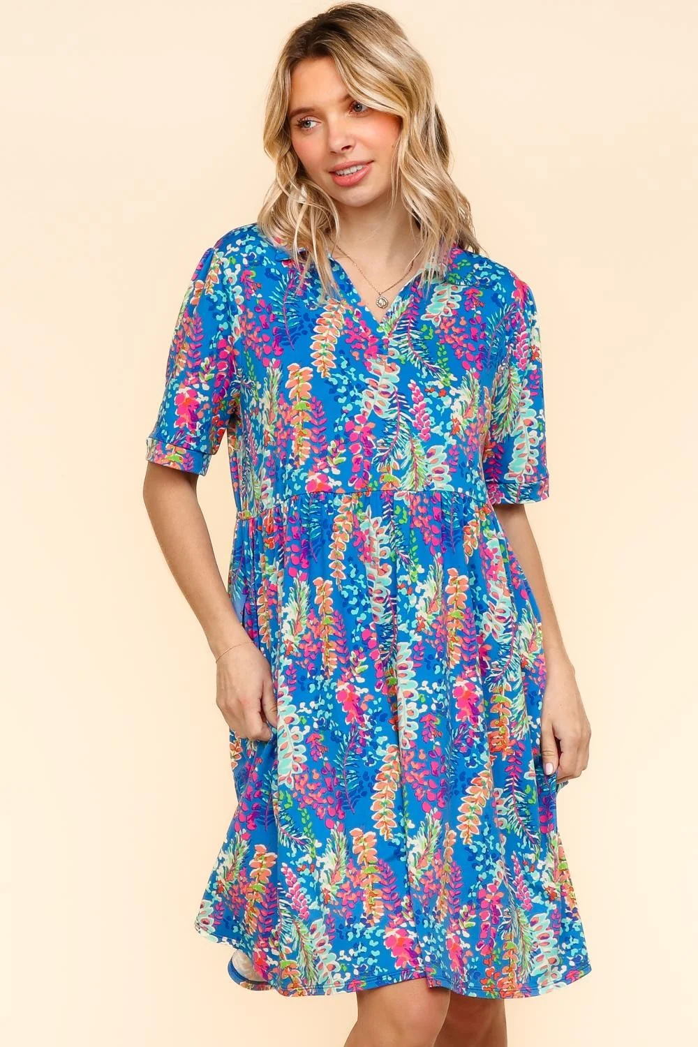 PLUS BLUE NOTCH NECK BABYDOLL DRESS W/ SIDE POCKETS - Image 2