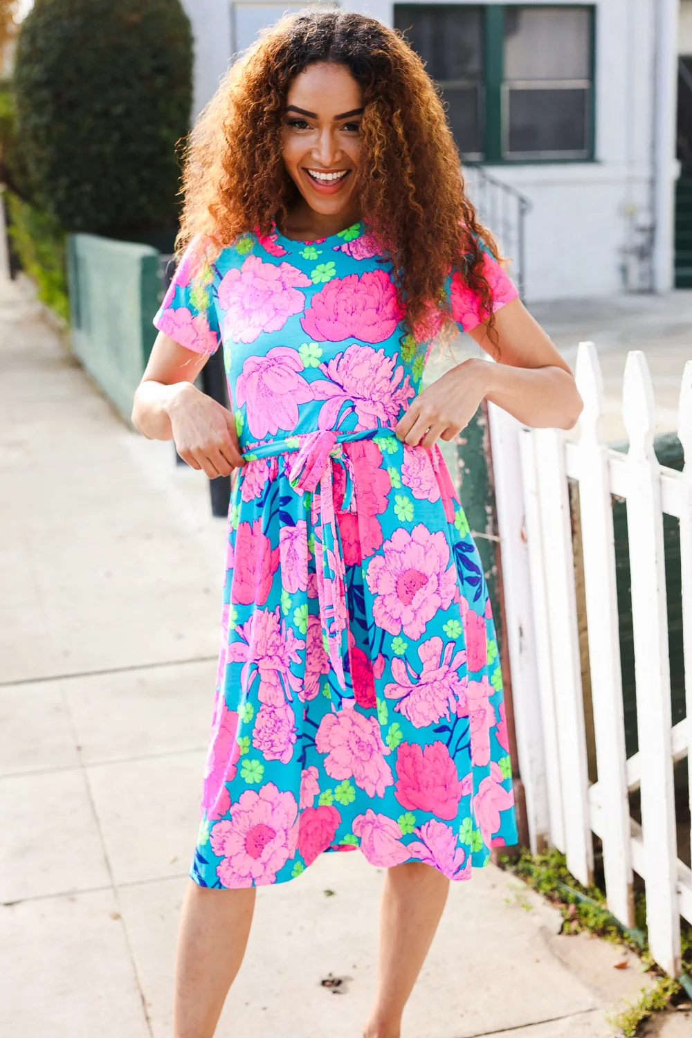 Blue & Pink Floral Tie Waist Dress - Image 5