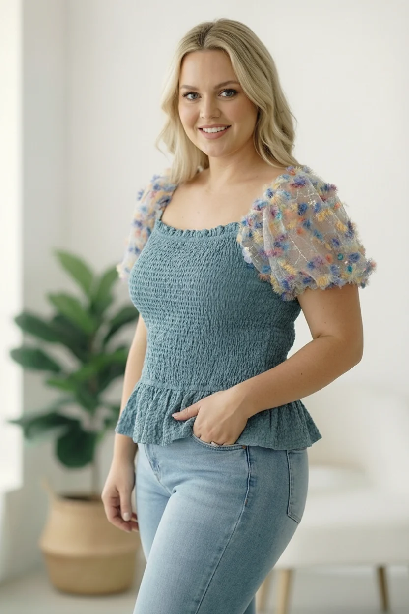 Plus Blue Smocking Design Sequin Sleeve Top - Image 2