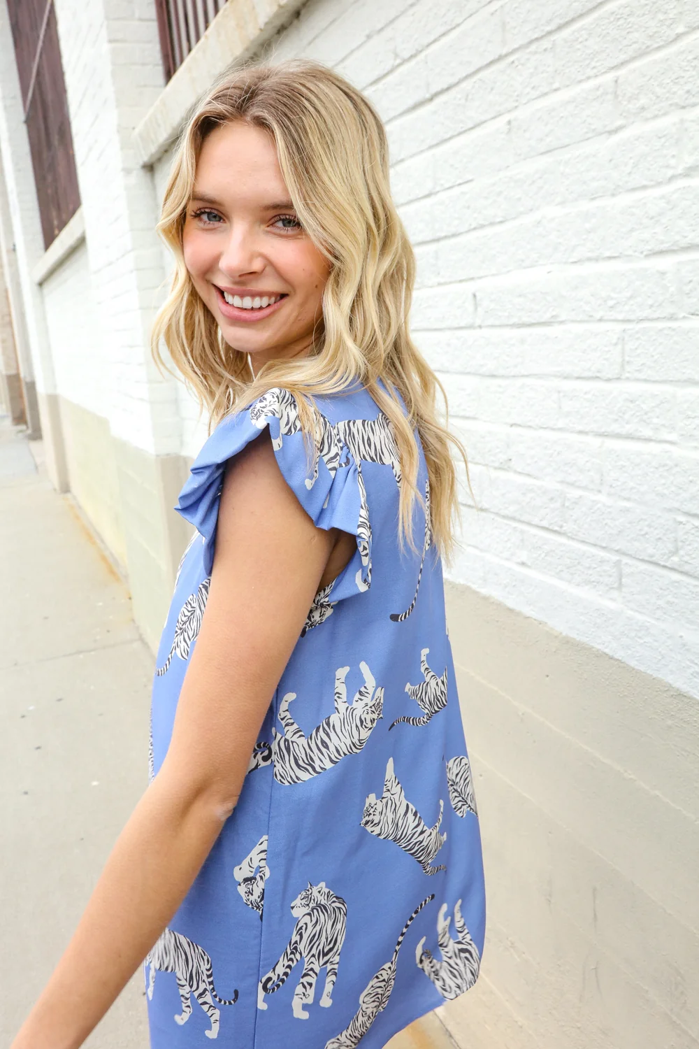 Blue Tiger Ruffle Sleeve Blouse - Image 5