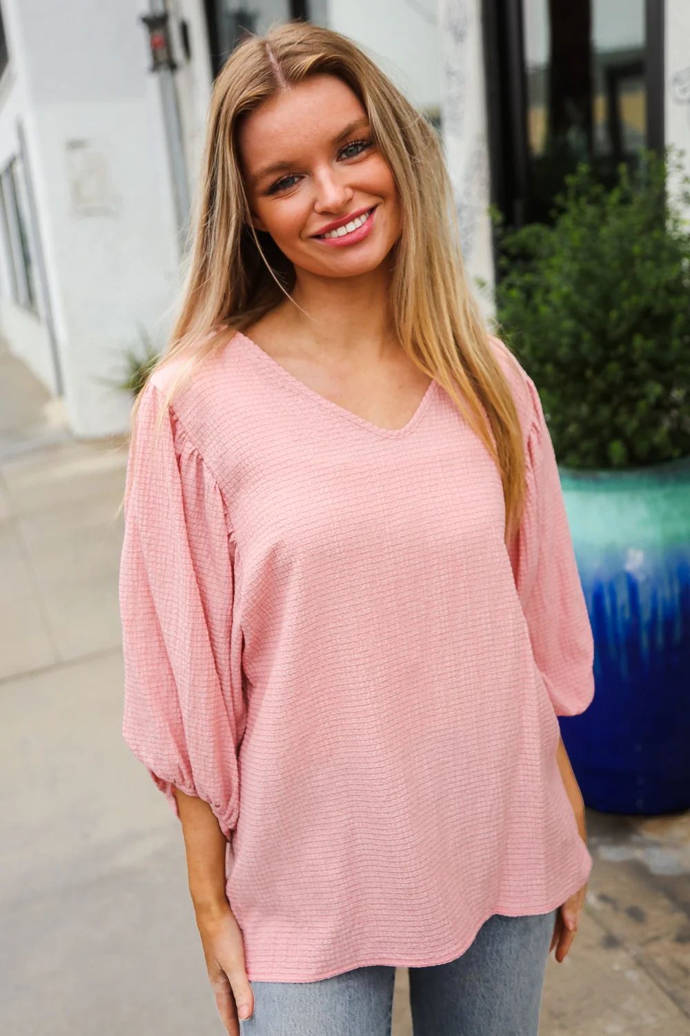 Plus Blush Textured Bubble Sleeve Top - Image 5