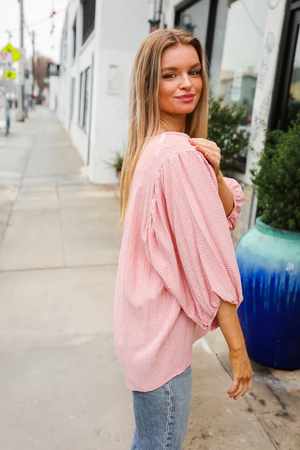 Plus Blush Textured Bubble Sleeve Top - Image 6
