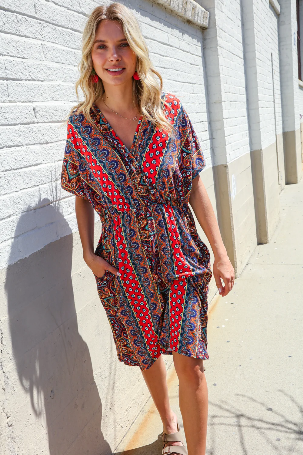 Plus Bohemian Paisley Surplice V Neck Dress with Side Pockets