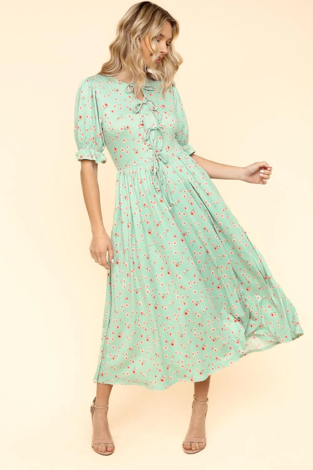 BOW TIE STRING SHORT SLEEVE FLORAL PRINT DRESS - Image 2